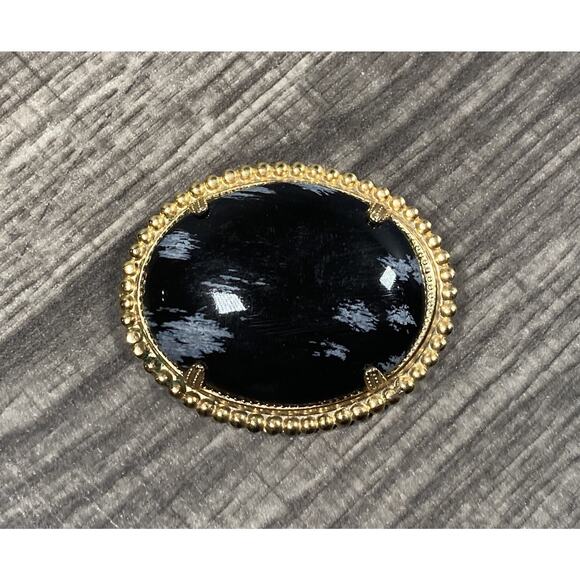 Vintage Oval Black Snowflake Obsidian Cabochon Gold Tone Brooch Pin - Picture 1 of 10